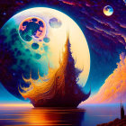 Fantasy landscape with towering tree, oversized moons, swirling sky, and reflective water