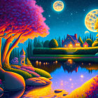 Colorful Psychedelic Landscape with Swirling Skies and Reflective Water