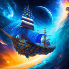 Colorful Fantasy Illustration: Ship Sailing in Cosmic Space