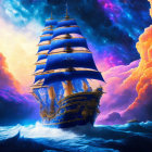 Elaborate gold-detailed sailing ship on cosmic sea