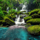 Tranquil Tropical Waterfall with Person Relaxing in Blue Pool