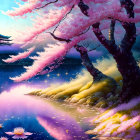 Colorful Fantasy Landscape with Pink Trees, Purple Hues, and Golden Grass