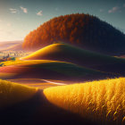 Surreal landscape with wave-like hills, floating islands, and colorful flora