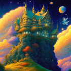 Fantastical castle on cliff with celestial bodies and glowing butterfly