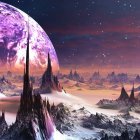 Majestic castles in vibrant fantasy landscape with moons and river