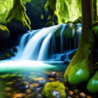 Tranquil waterfall in lush forest setting