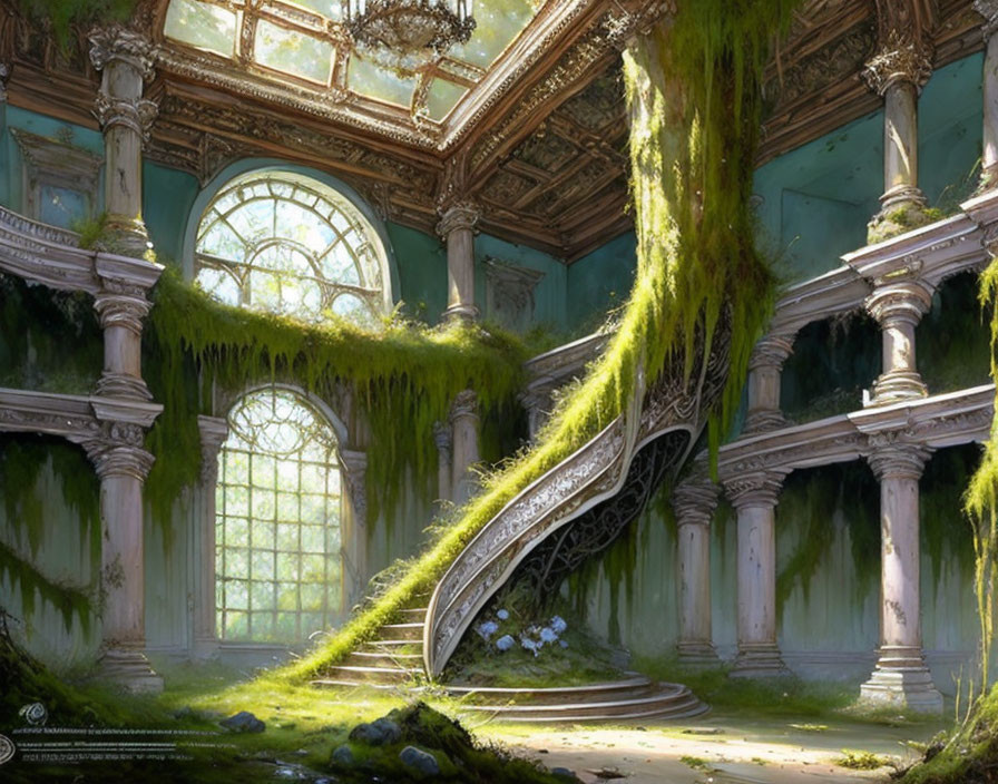 Abandoned ballroom with ornate staircase and nature reclaiming space