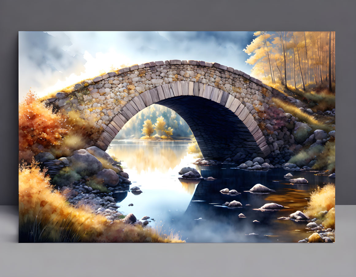 Ancient stone bridge over tranquil river in autumn landscape