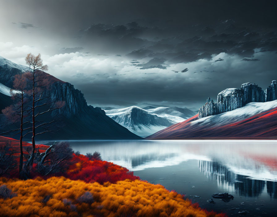 Tranquil landscape with colorful contrast: lake, mountains, autumn foliage