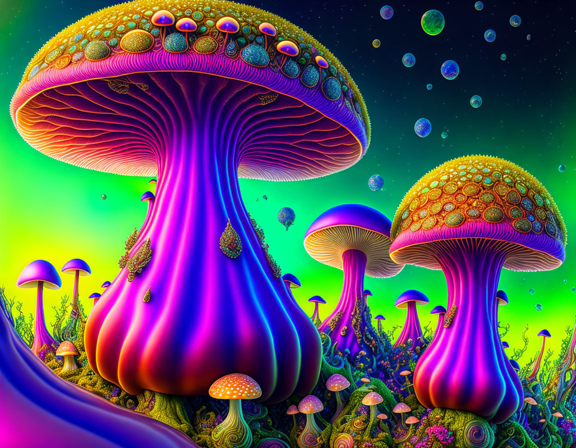 Colorful Psychedelic Mushroom Illustration with Floating Spheres