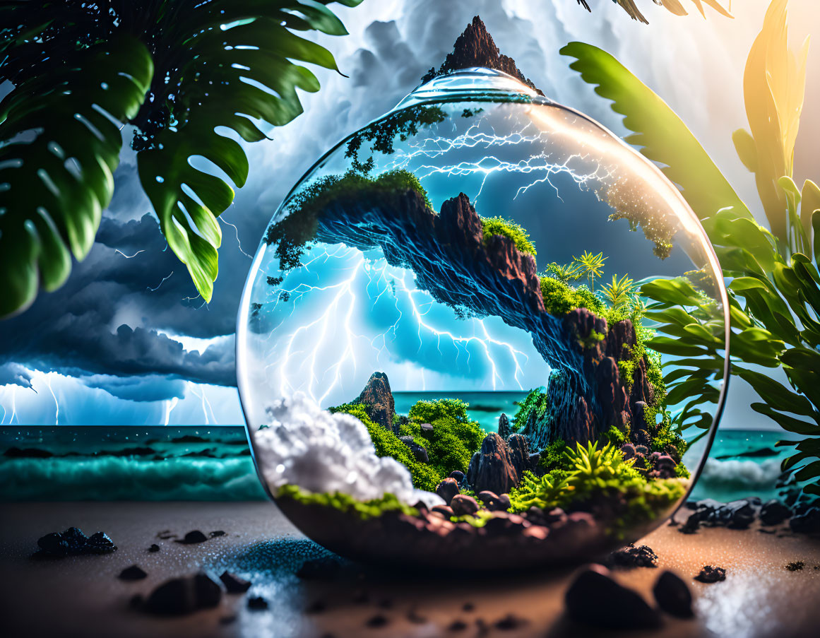 Glass sphere with lightning-struck landscape, mountains, foliage, and stormy sky