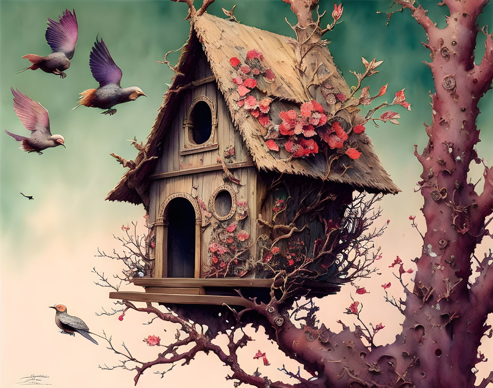 Ornate wooden birdhouse with pink flowers in leafless tree surrounded by birds