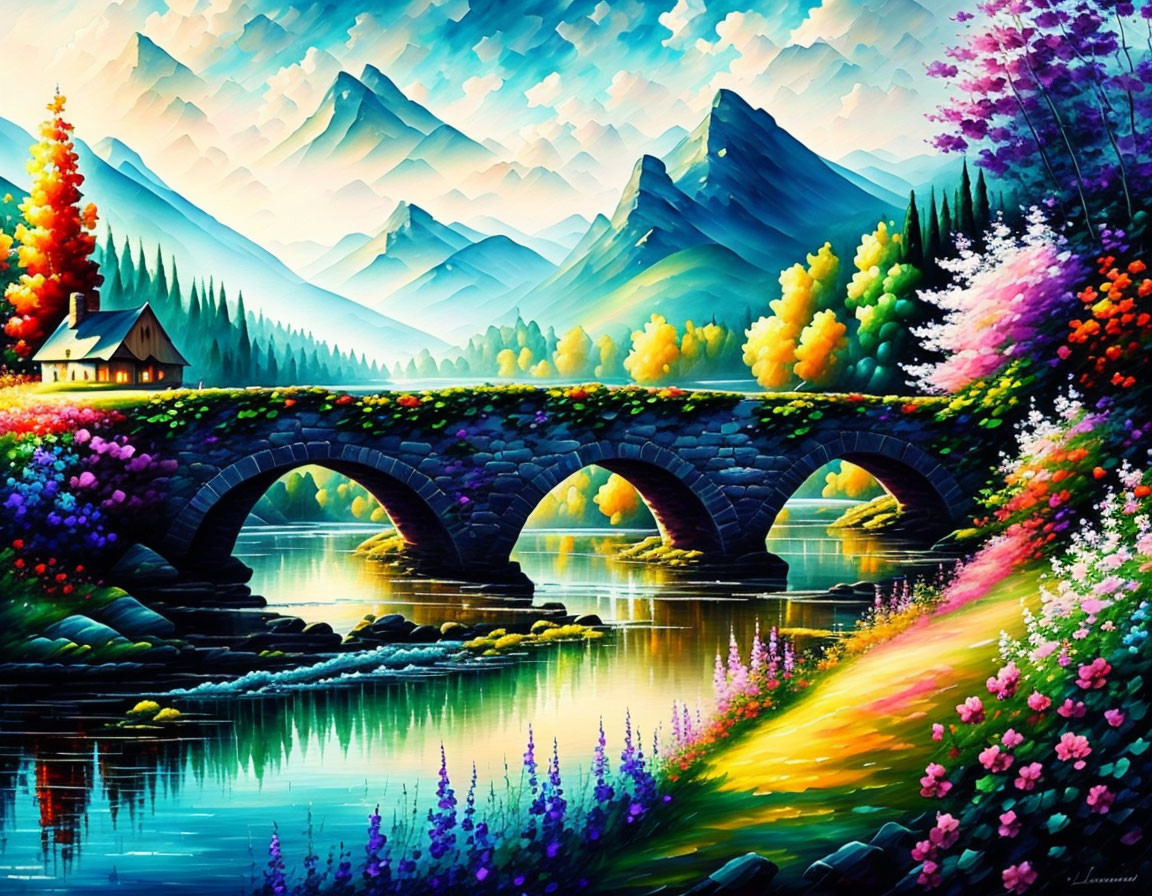 Scenic painting of stone bridge, cottage, flowers, mountains