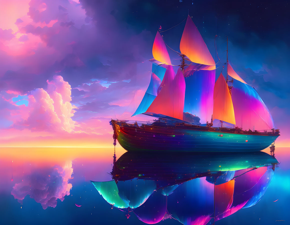 Colorful sailing ship on tranquil sea under majestic sunset sky