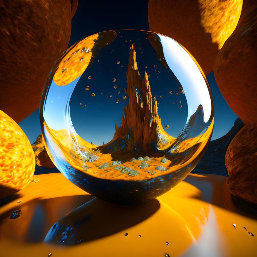 Surreal landscape with reflective sphere, orange spire, molten orbs, blue sky