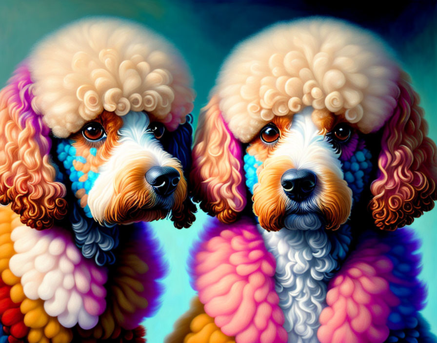 Colorful Stylized Poodles with Vibrant Fur on Teal Background