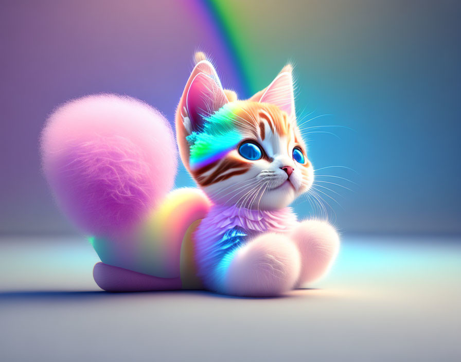 Colorful 3D illustration of orange and white kitty with blue eyes on vibrant backdrop