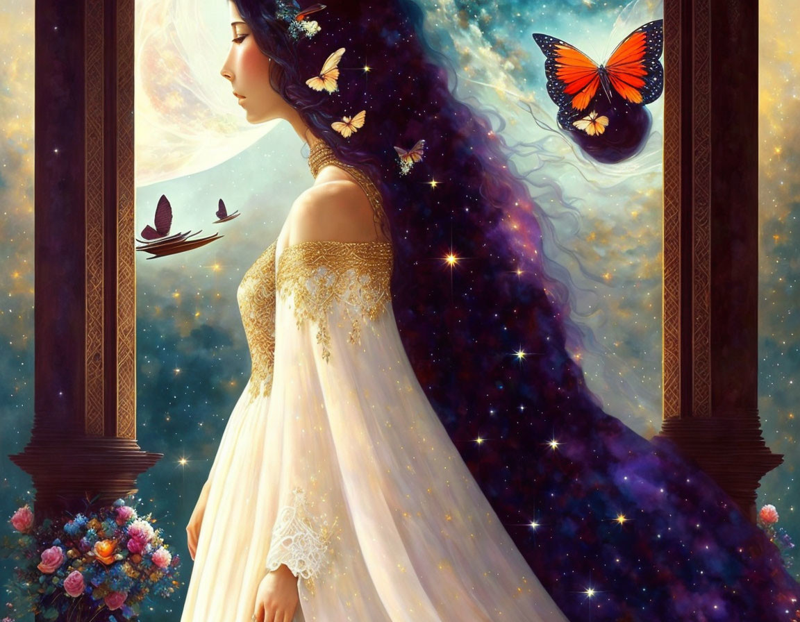 Fantasy illustration of woman with cosmos hair and butterflies, night sky backdrop