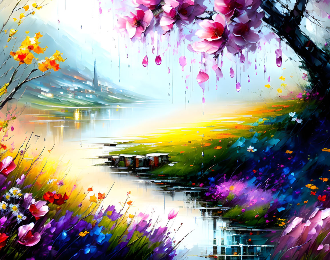 Scenic lakeside painting with colorful flowers and reflective water