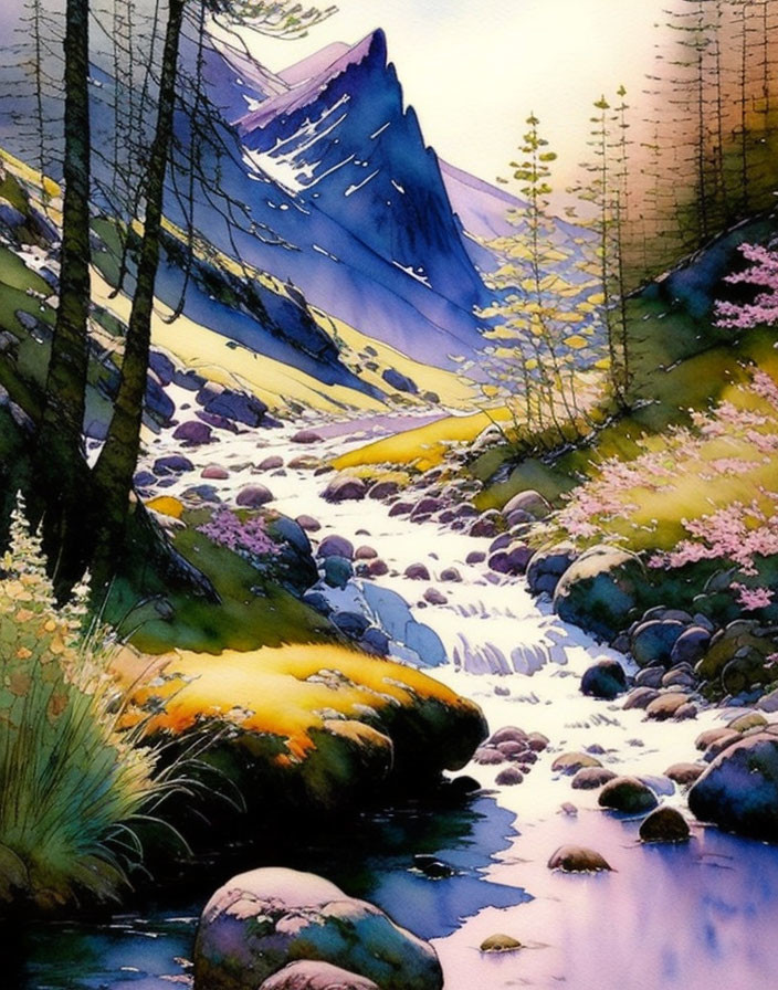 Scenic watercolor painting of mountain stream with pink flowers