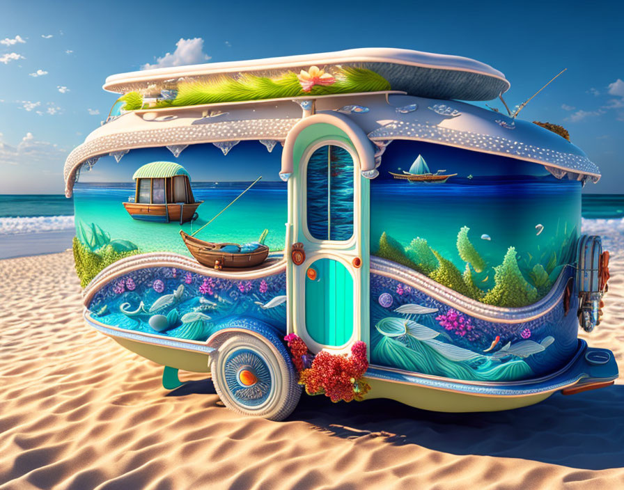 Ocean-themed fantasy caravan on sandy beach under clear sky