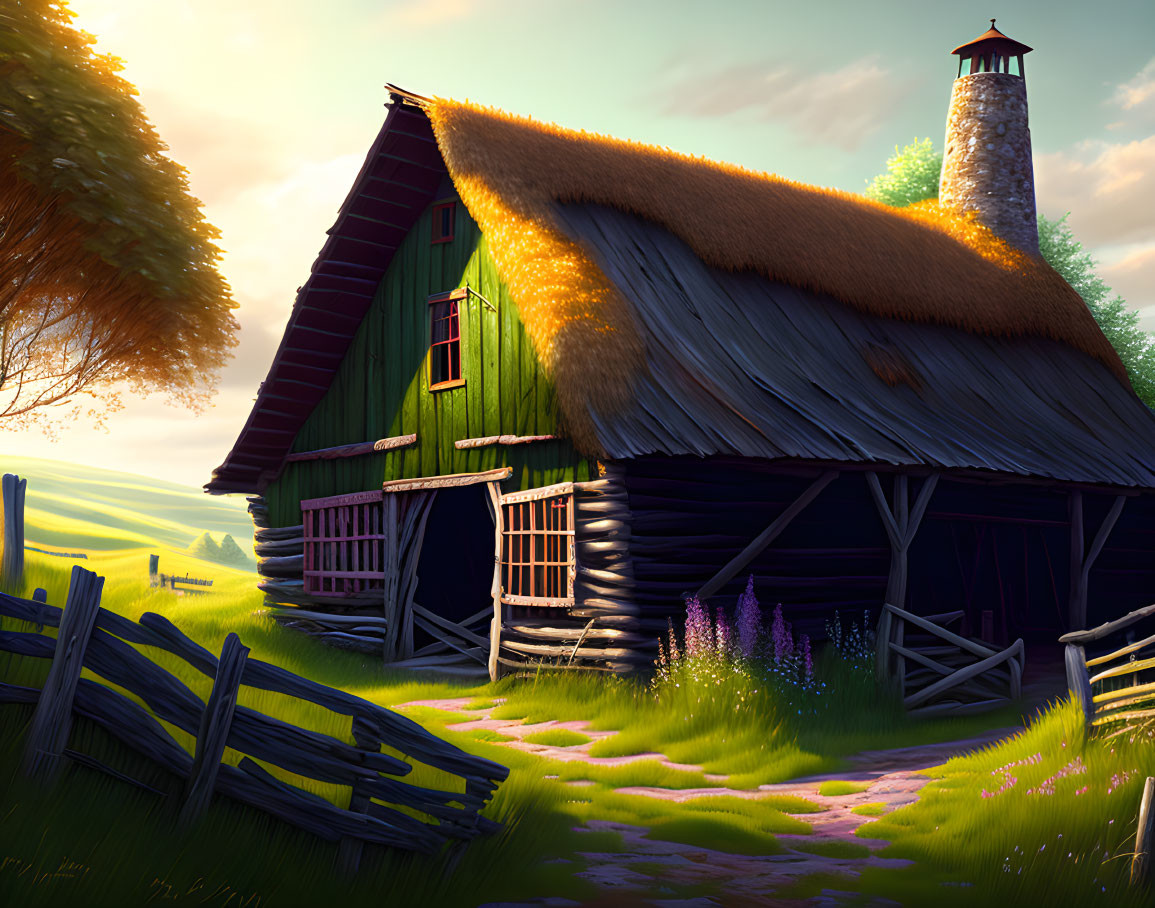 Thatched Roof Cottage in Serene Meadow at Sunset