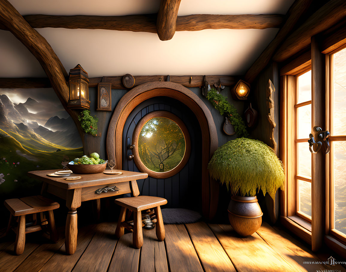 Rustic hobbit-style interior with round door, mountain view, dining table, wooden benches,