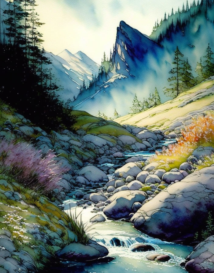 Serene watercolor painting of mountain stream & snow-capped peaks