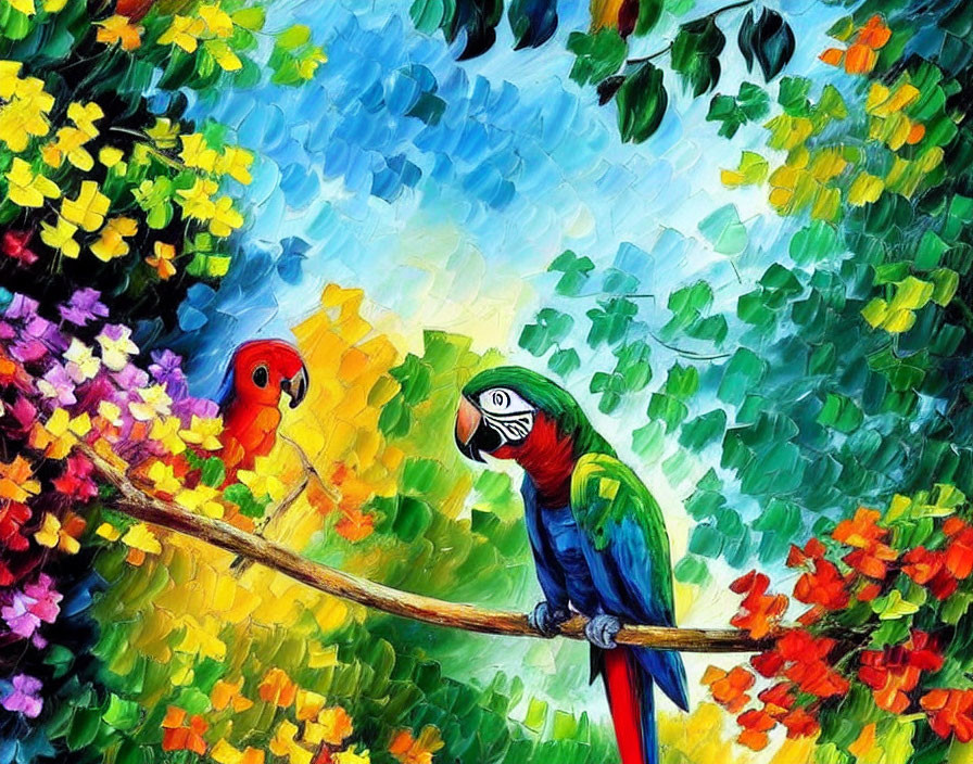 Vibrant Impressionist Painting: Parrots on Branch with Flowers and Blue Sky