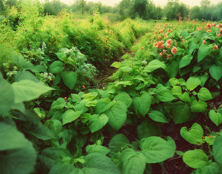 Dense Foliage and Blooming Flowers in Overgrown Garden