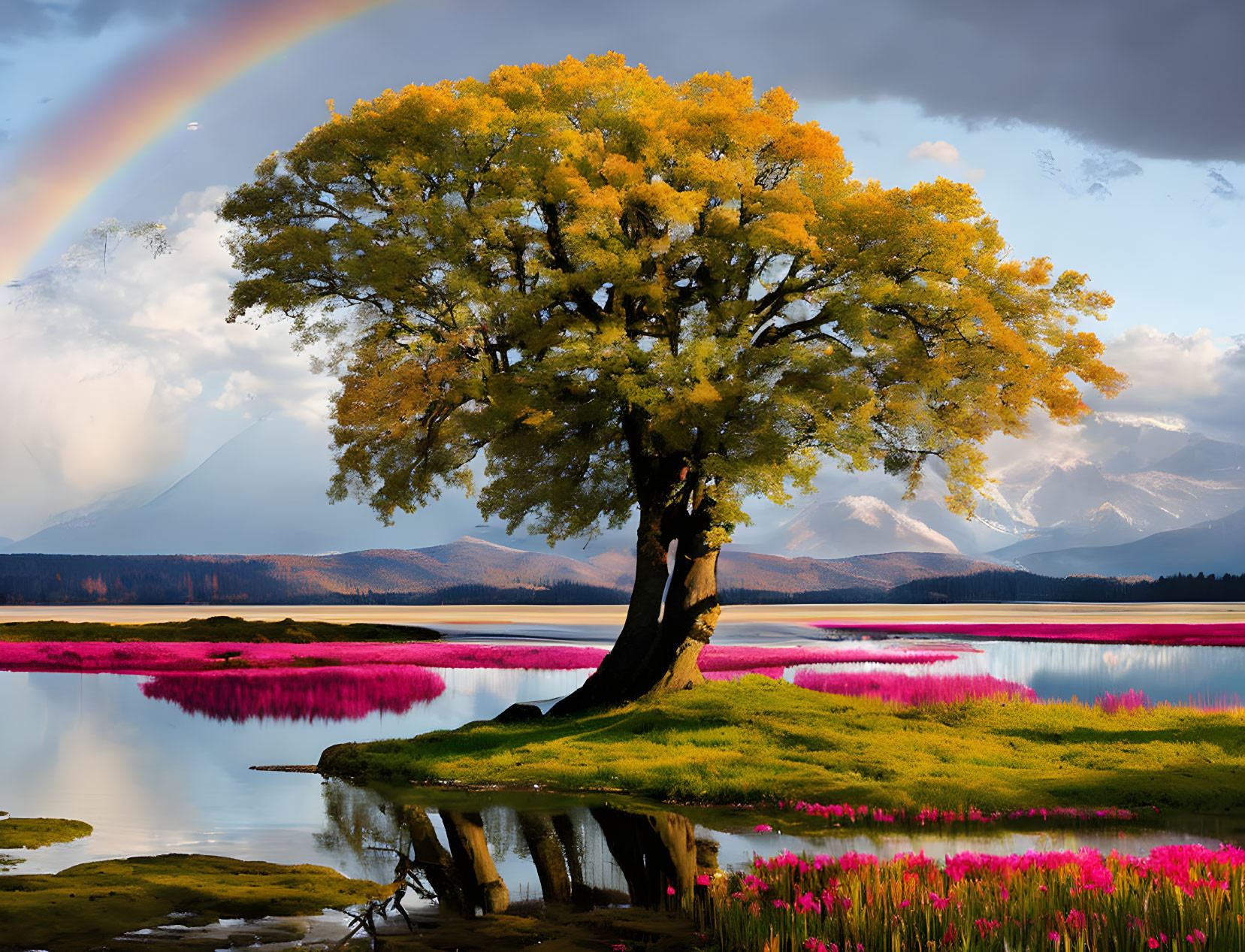 Colorful tree by lake with pink flowers, mountains & rainbow in background