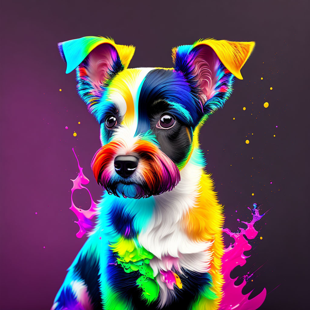 Colorful Neon Dog Artwork on Dark Purple Background