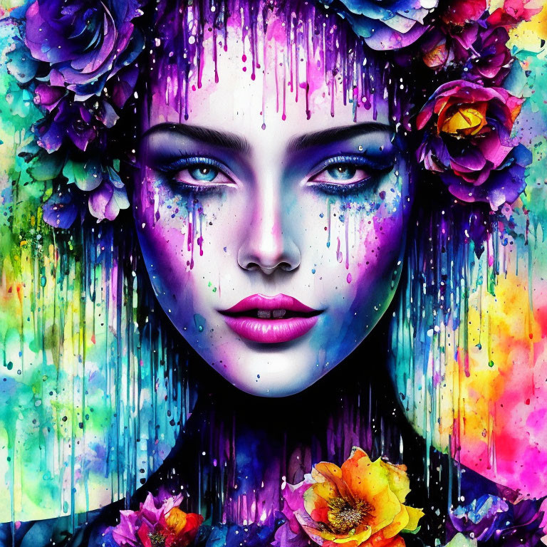 Colorful portrait of a woman with blue eyes and floral elements