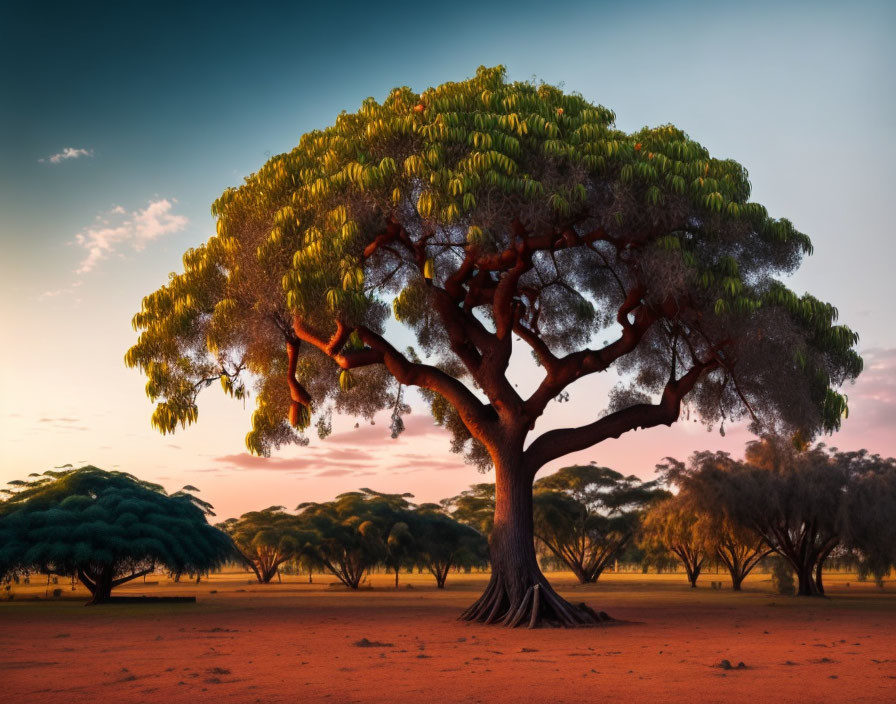 Majestic tree with lush canopy in serene savanna at sunset