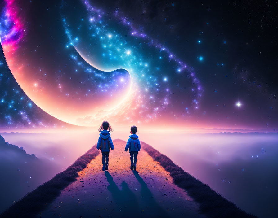 Children on pathway under fantastical starry sky with crescent planet & cosmic clouds.