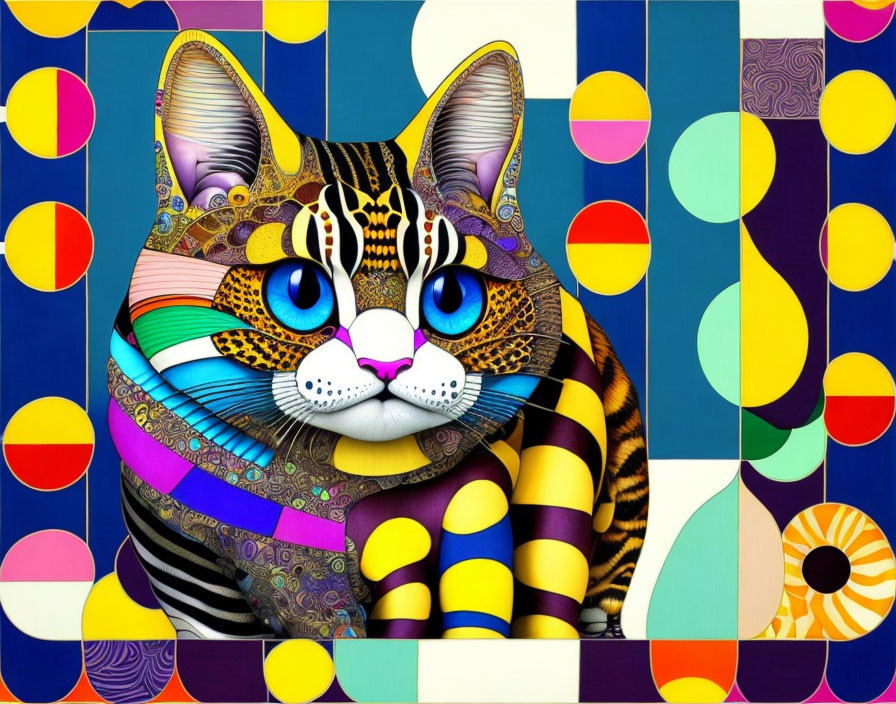 Colorful Patchwork-Style Cat Art with Jigsaw Puzzle Aesthetic