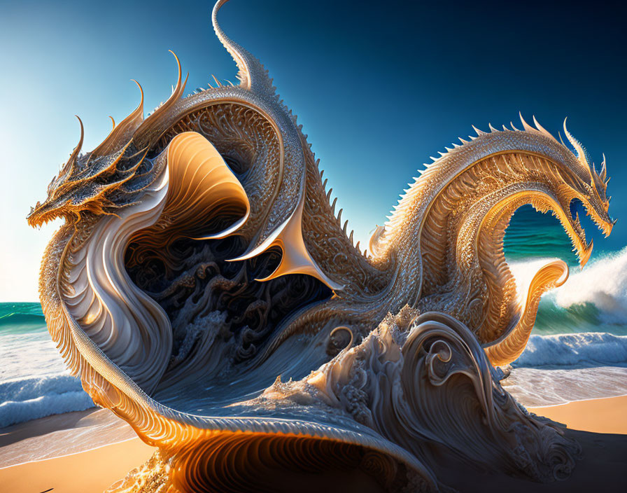 Fractal dragon merging with beach scenery in intricate patterns