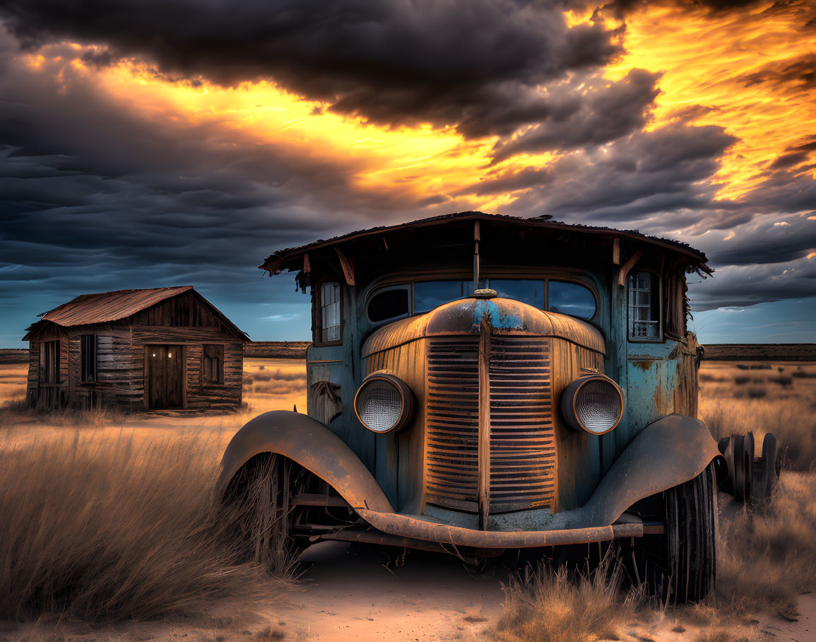 Vintage Car and Abandoned Wooden House in Dramatic Sunset Scene