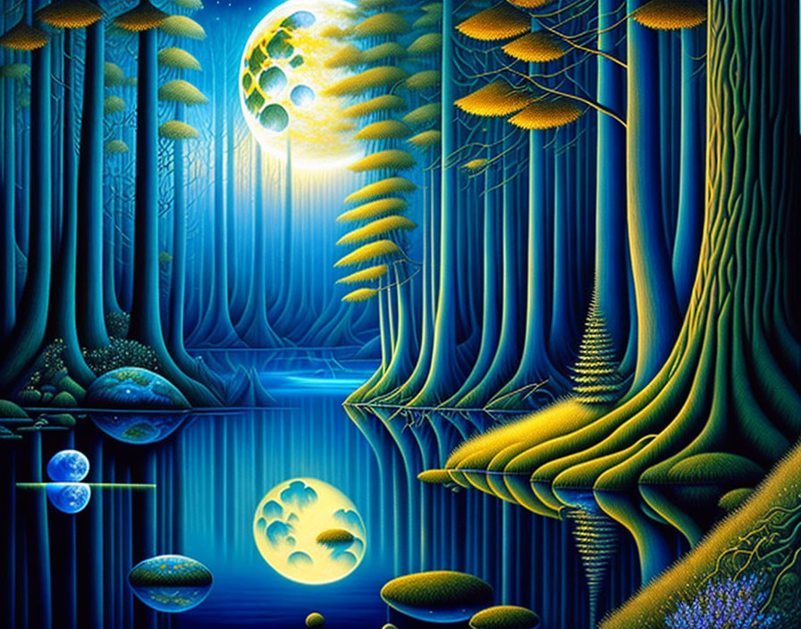 Surreal forest scene with luminous trees and orbs under full moonlight