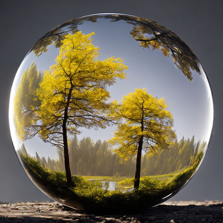 Crystal ball reflecting sunny landscape with trees, sky, and water.