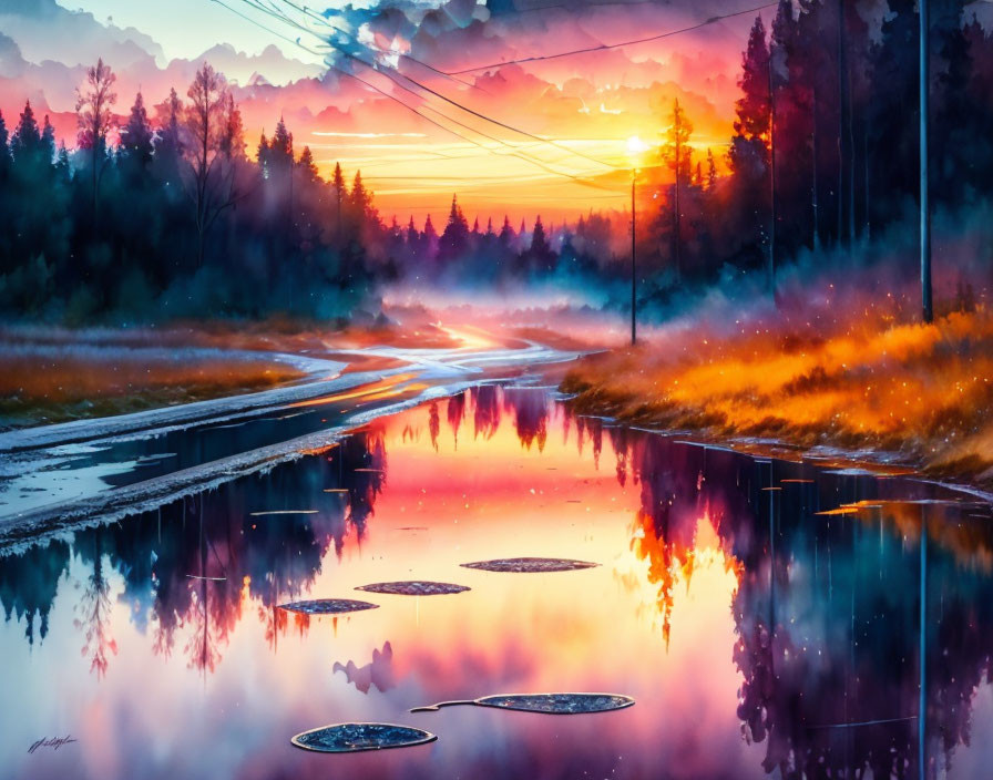 Colorful sunset reflecting in misty forest with waterlogged road and puddles