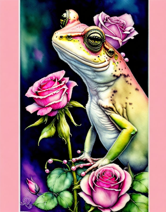 Regal frog with crown on stem among pink roses on purple background