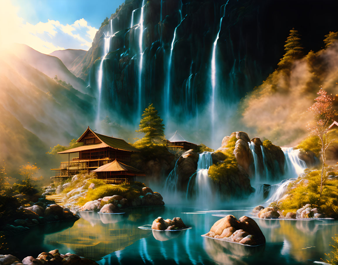 Tranquil lake with waterfalls near traditional house