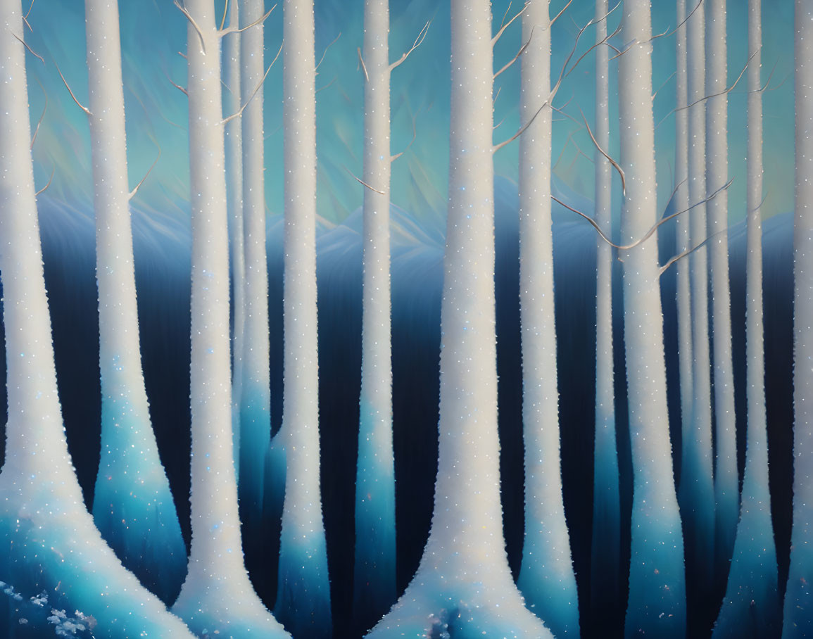 Snowy forest painting with slender trees and gentle snowfall