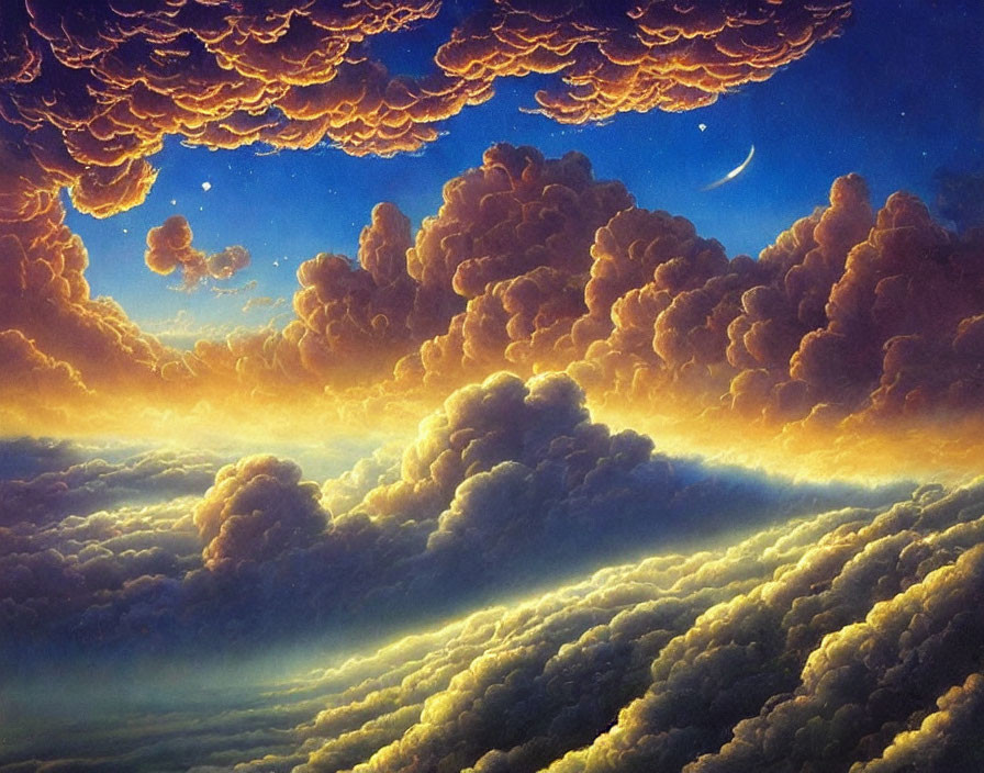 Vivid painting of golden-lit cumulus clouds and crescent moon