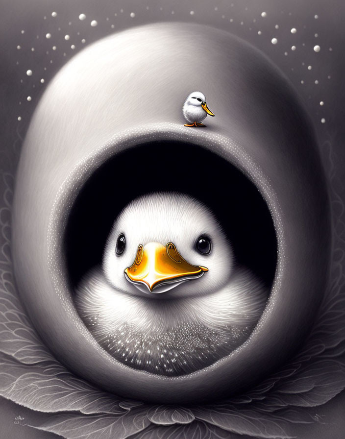 Illustration of small bird with oversized duckling face on snowy ground