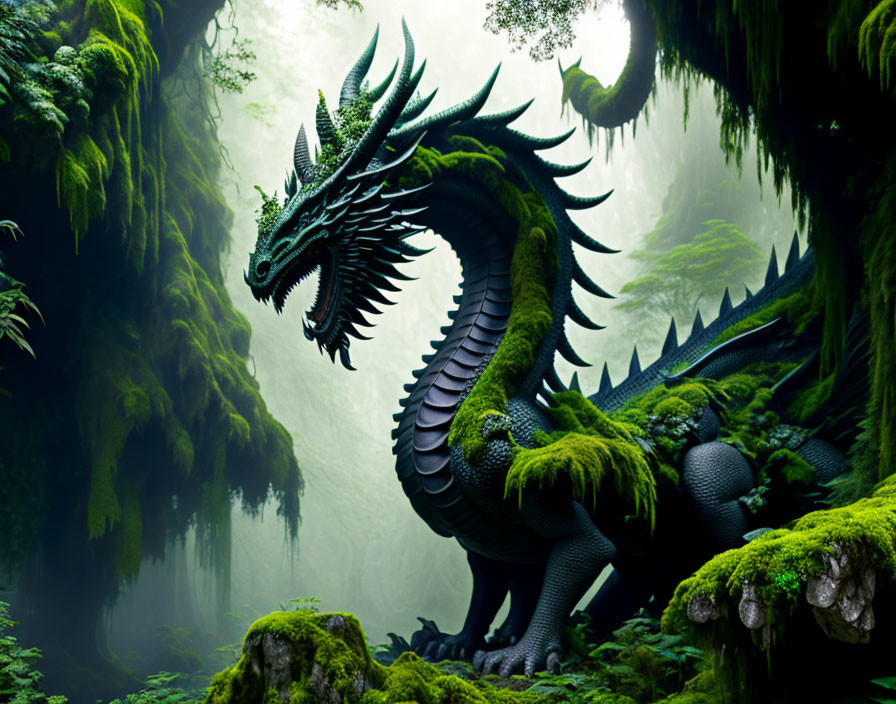 Green dragon in foggy forest with moss and ethereal light.