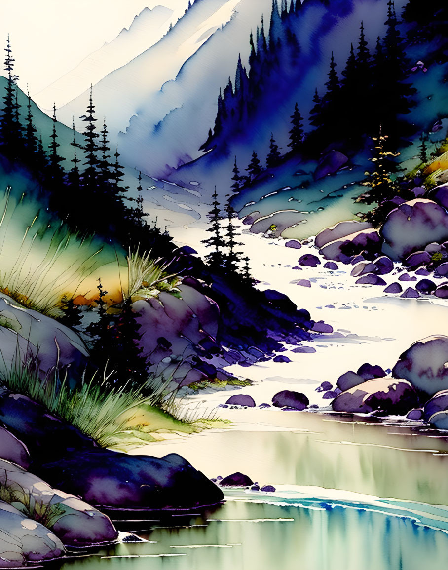 Mountainous Landscape Watercolor Painting with River and Greenery