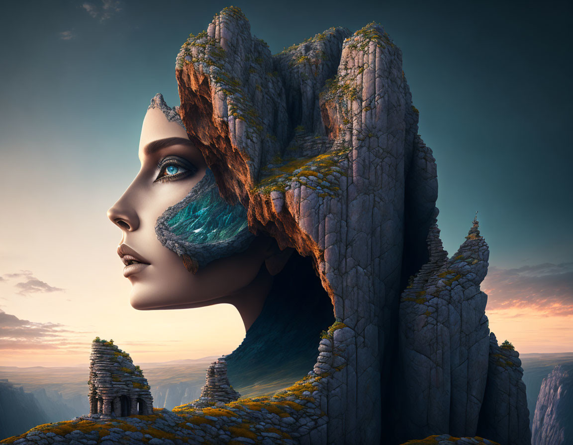 Surreal portrait of woman's face merged with rocky cliffs and greenery