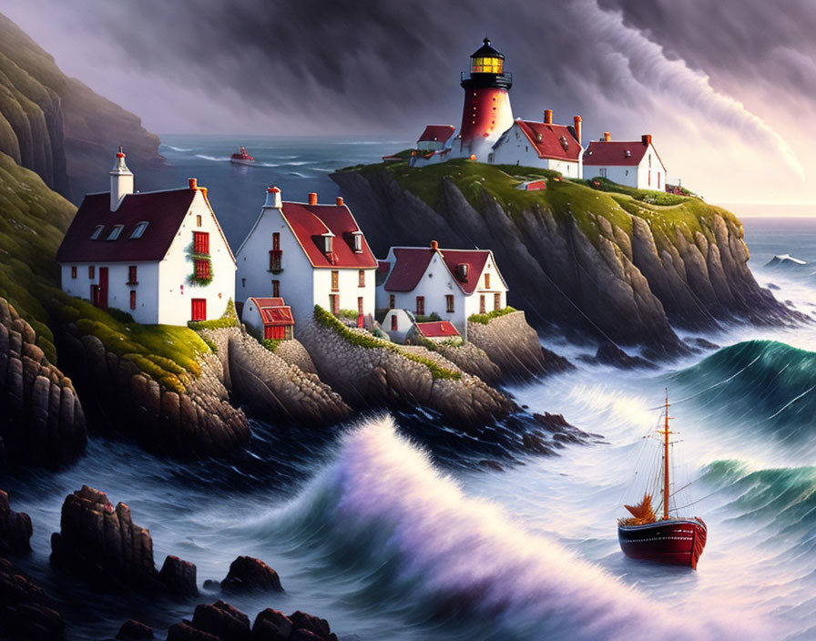 Coastal scene with lighthouse, ship, cliffs, and stormy sky